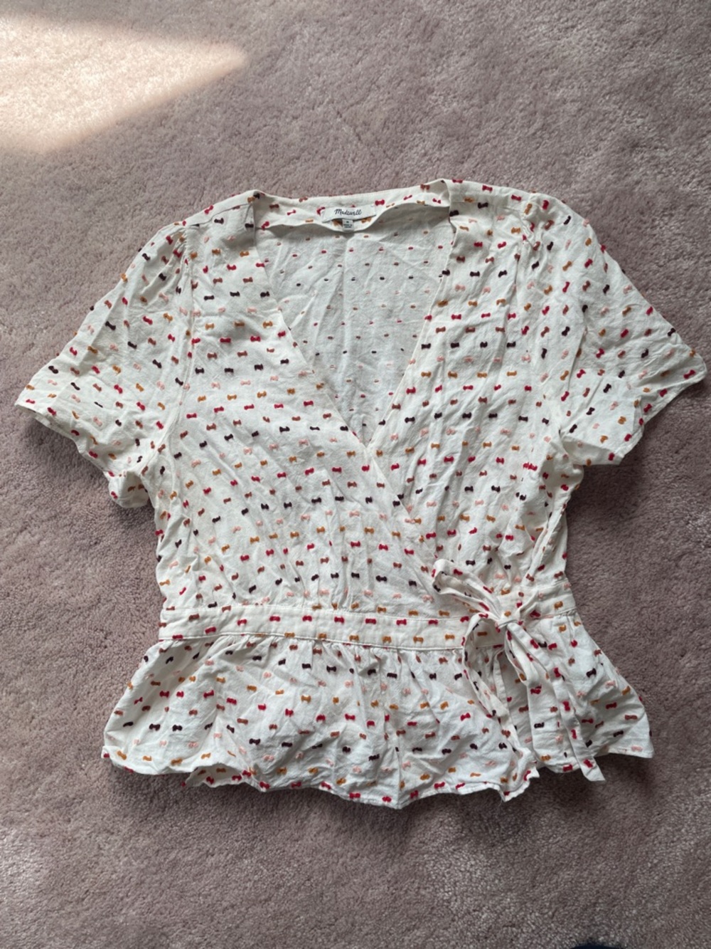 Madewell Cream Wrap Blouse with Red, Pink and Mustard Dot Print